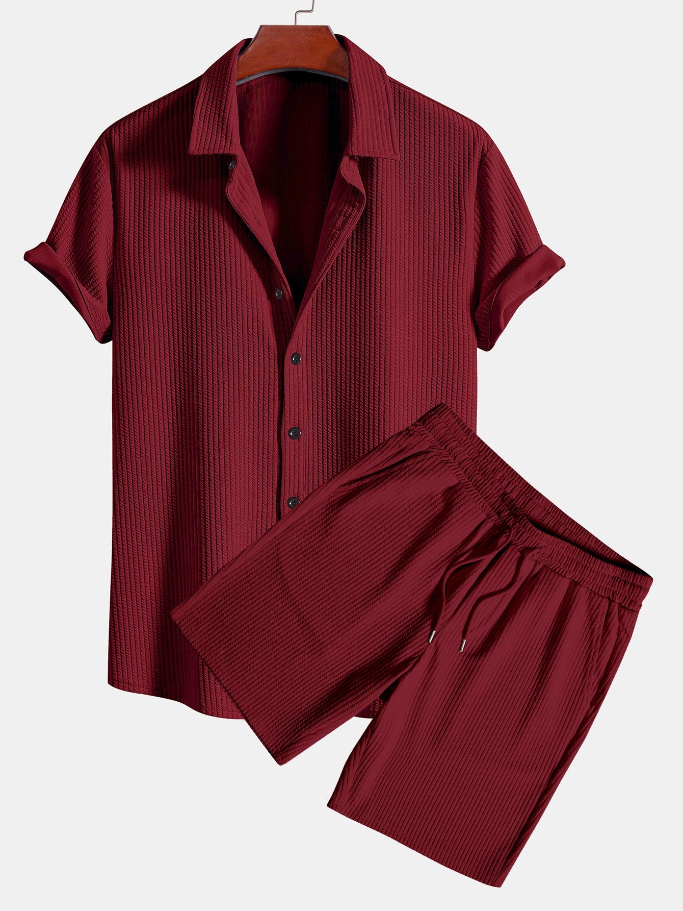 Muscle Fit Ribbed Button Up Shirt & Shorts