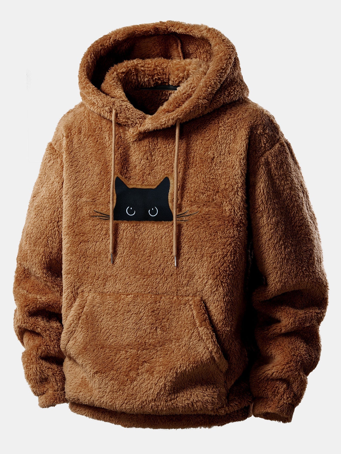 Relax Fit Black Cat Embroidered Teddy Hoodie