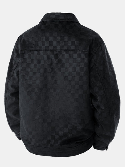Checkerboard Print Faux Suede Pocket Jacket