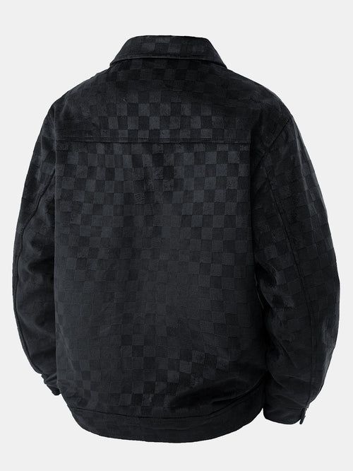 Checkerboard Print Faux Suede Pocket Jacket