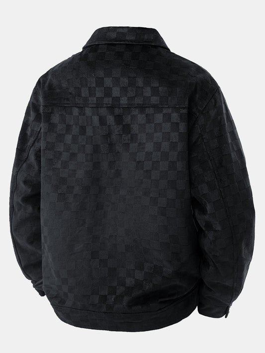 Checkerboard Print Faux Suede Pocket Jacket