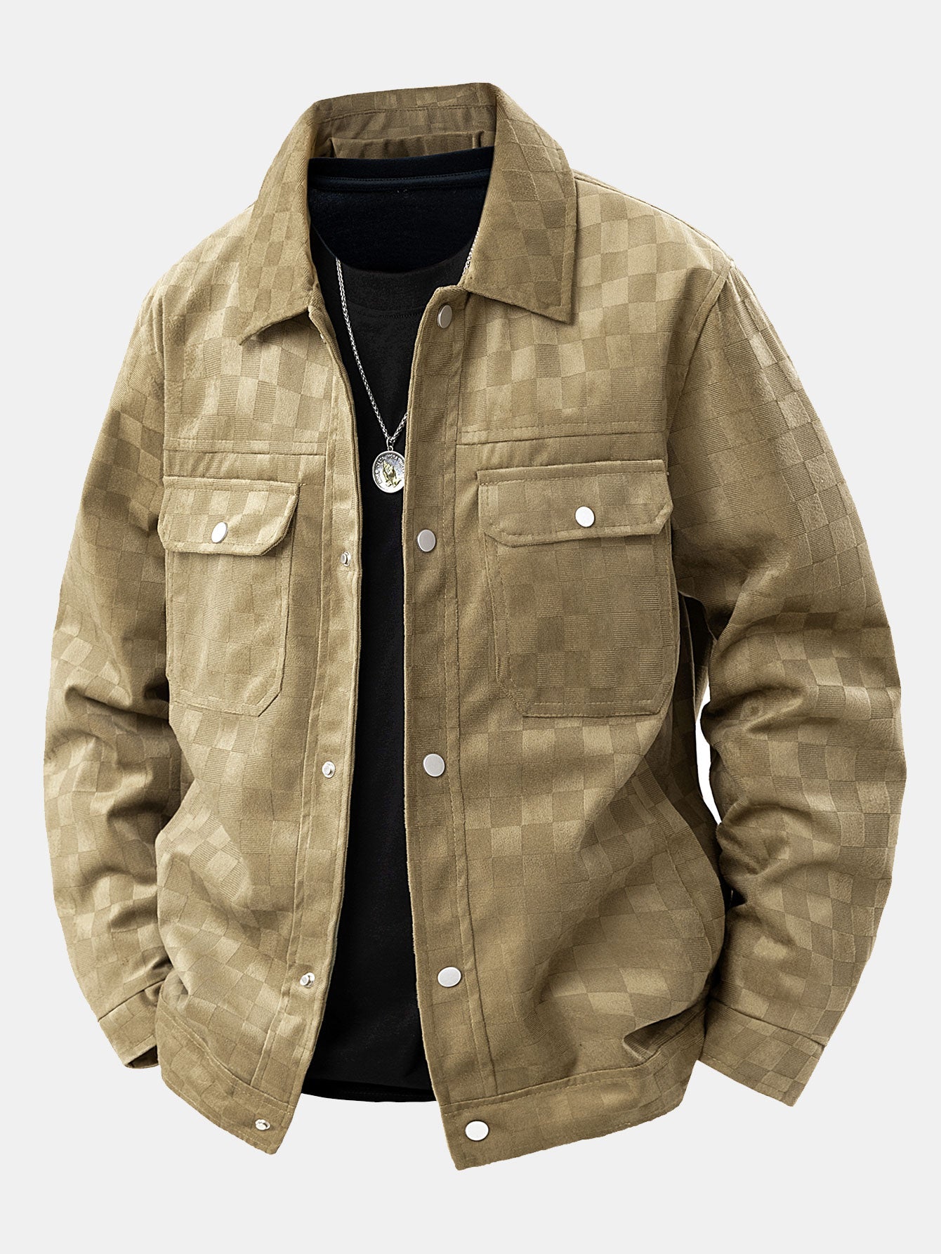 Checkerboard Print Faux Suede Pocket Jacket
