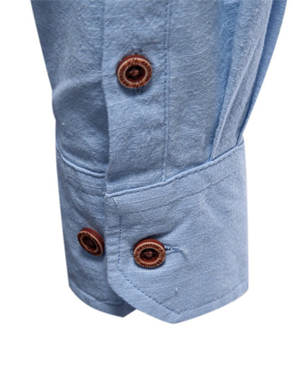 Long Sleeve Linen Look Stand Collar Shirt