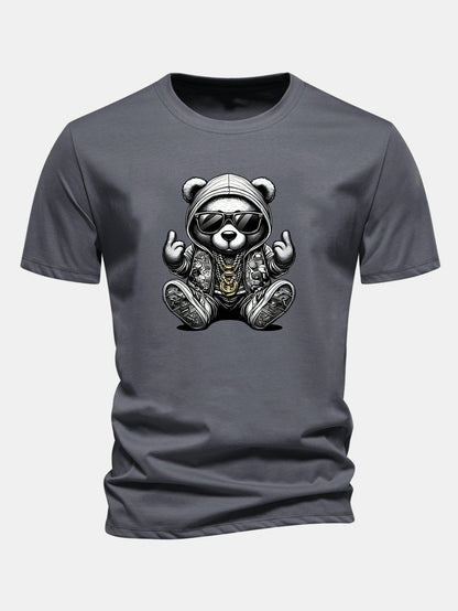 Regular Fit Hip Hop Bear Print Cotton T-Shirt