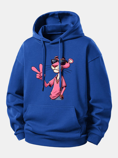Pink Panther With A V Sign Print Relax Fit Hoodie