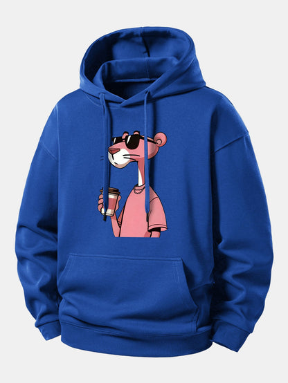 Pink Panther Drinking Coffee Print Relax Fit Hoodie