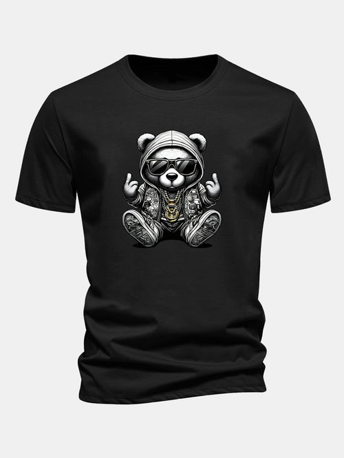Regular Fit Hip Hop Bear Print Cotton T-Shirt