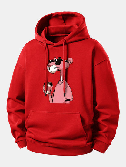 Pink Panther Drinking Coffee Print Relax Fit Hoodie