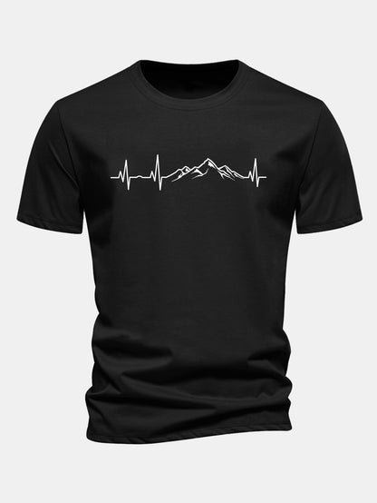 Regular Fit Heartbeat Mountain Print Cotton T-Shirt