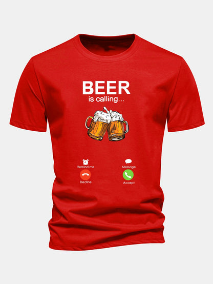 Regular Fit Beer Is Calling Print Cotton T-Shirt
