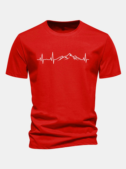 Regular Fit Heartbeat Mountain Print Cotton T-Shirt