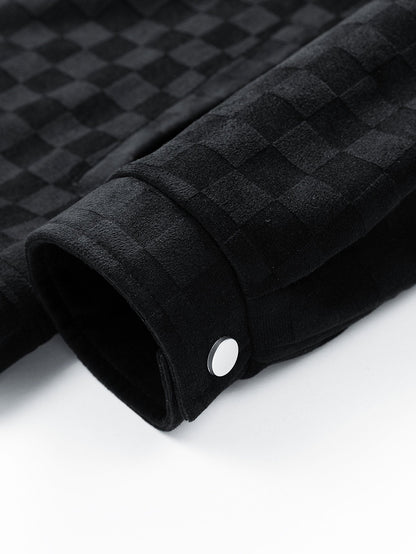 Checkerboard Print Faux Suede Pocket Jacket