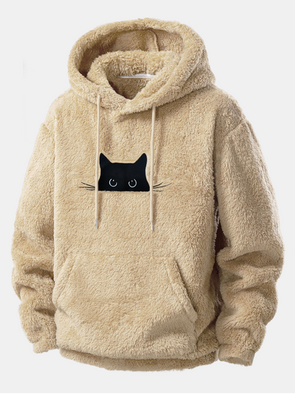 Relax Fit Black Cat Embroidered Teddy Hoodie
