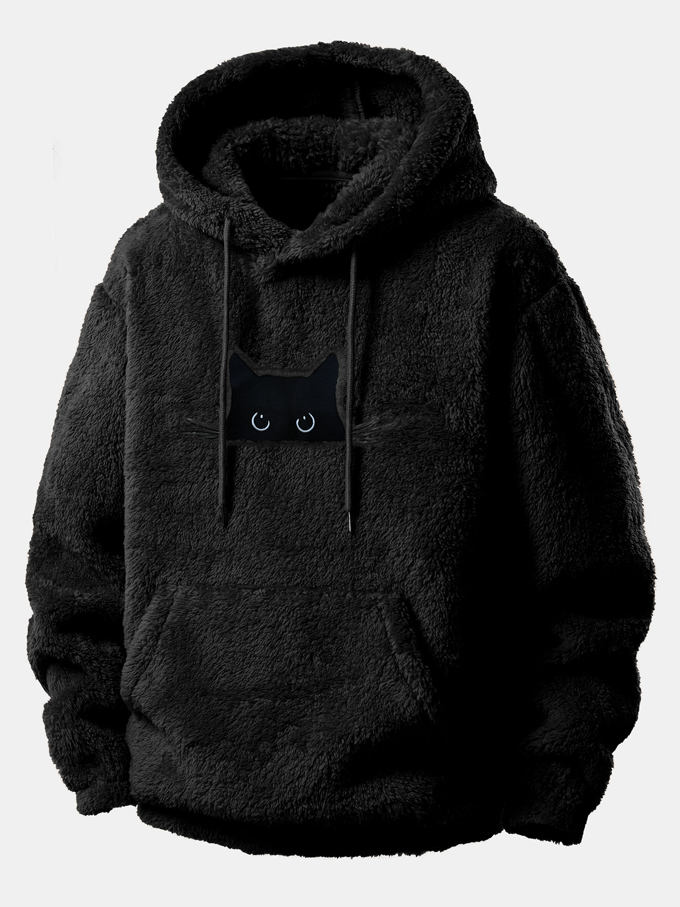 Relax Fit Black Cat Embroidered Teddy Hoodie