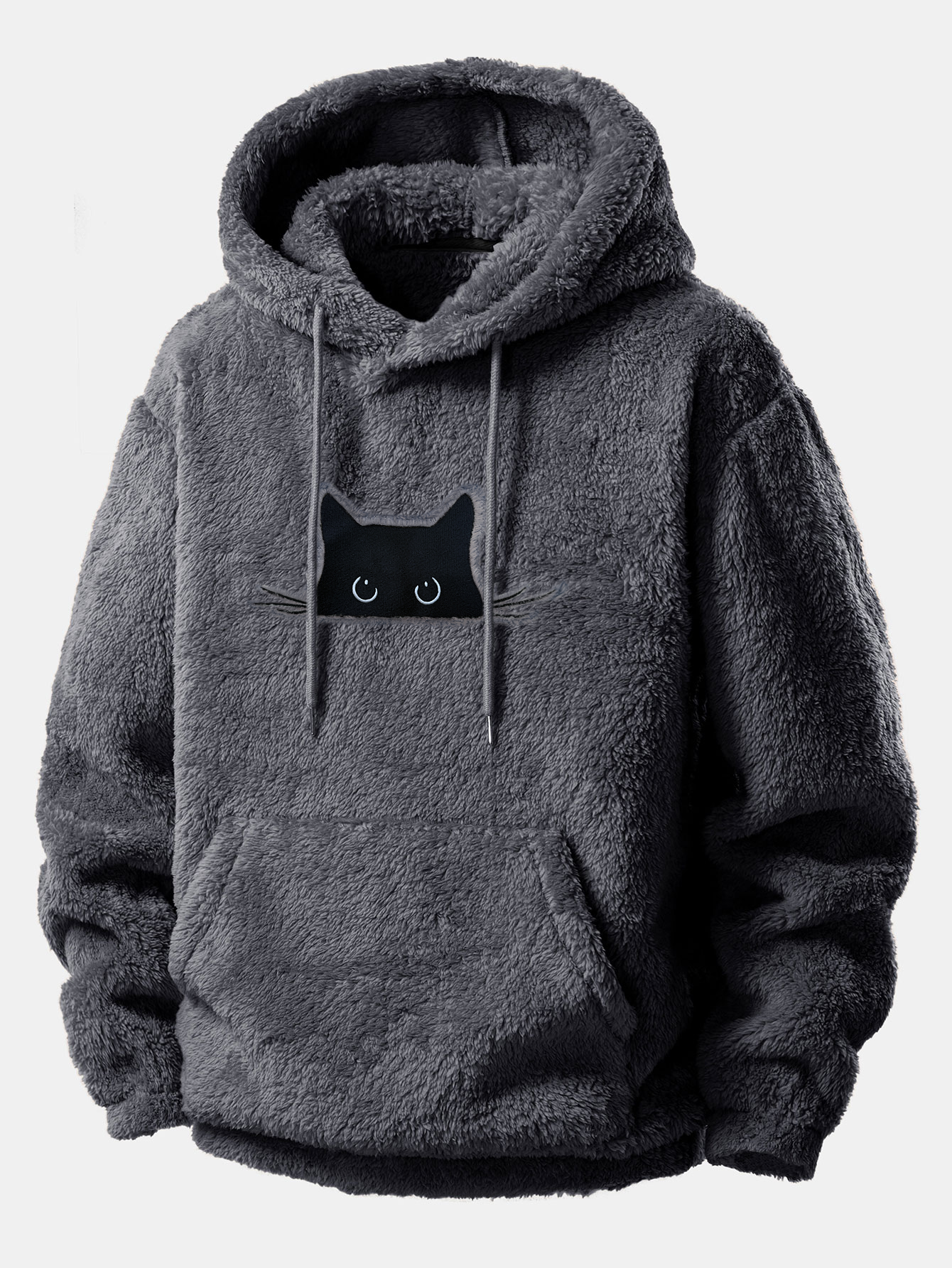 Relax Fit Black Cat Embroidered Teddy Hoodie