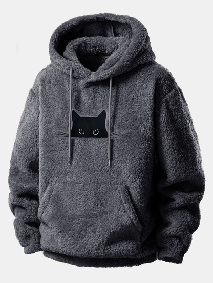 Relax Fit Black Cat Embroidered Teddy Hoodie