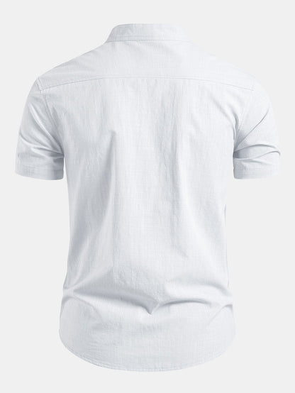 Short Sleeve Linen Look Stand Collar Shirt & Crinkle Textured Straight Leg Pants
