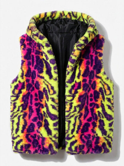 Faux Fur Colorful Leopard Hooded Vest