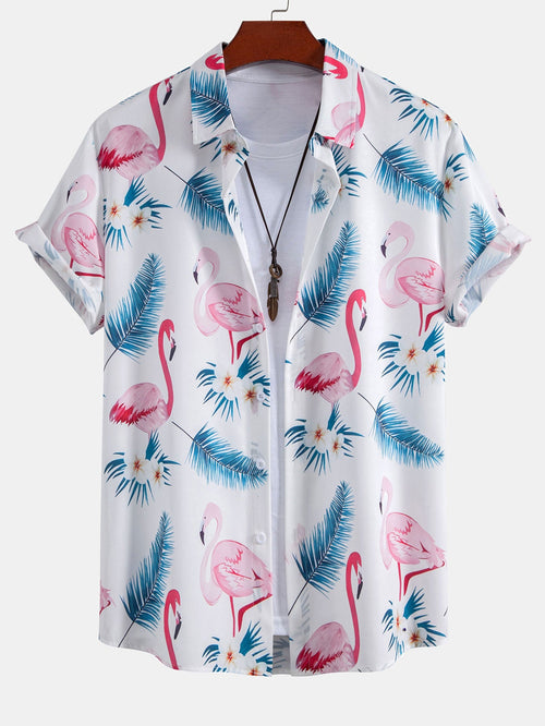 Flamingo Leaf Print Button Up Shirt & Swim Shorts