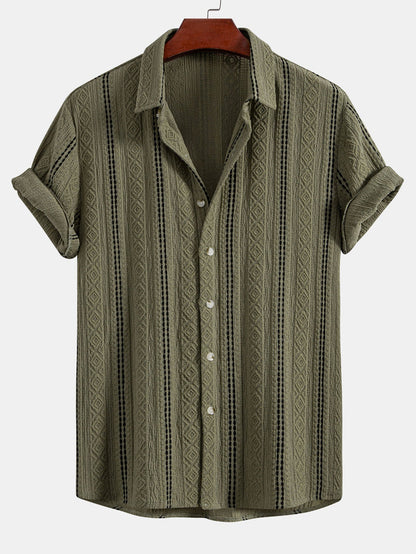 Geometric Striped Jacquard Button Up Shirt & Straight Leg Linen Pants