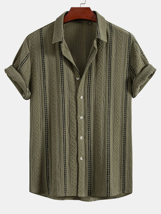 Geometric Striped Jacquard Button Up Shirt & Crinkle Textured Drawstring 5" Shorts