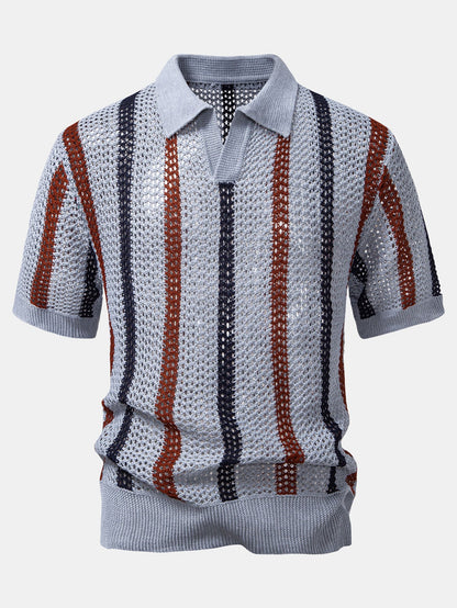 Striped Crochet V Neck Polo & Straight Leg Linen Pants