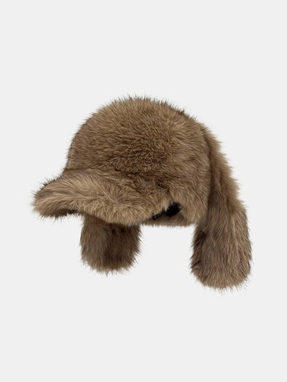 Retro Style Warm Baseball Cap With Fluffy Rabbit Ears Design