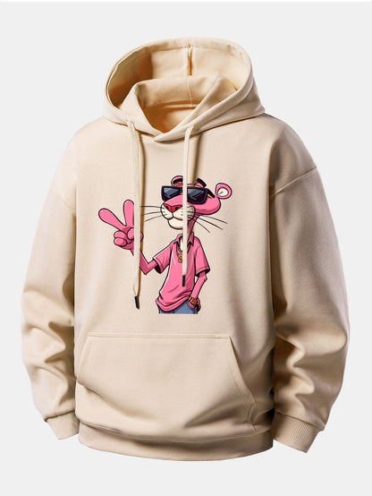 Pink Panther With A V Sign Print Relax Fit Hoodie