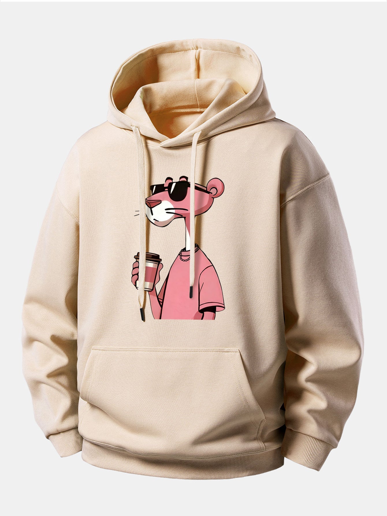 Pink Panther Drinking Coffee Print Relax Fit Hoodie