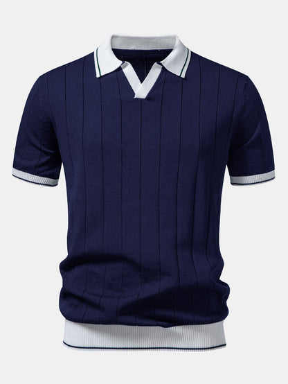 Contrast Trim Ribbed Johnny Collar Knit Polo & Slim Fit Tapered Trousers