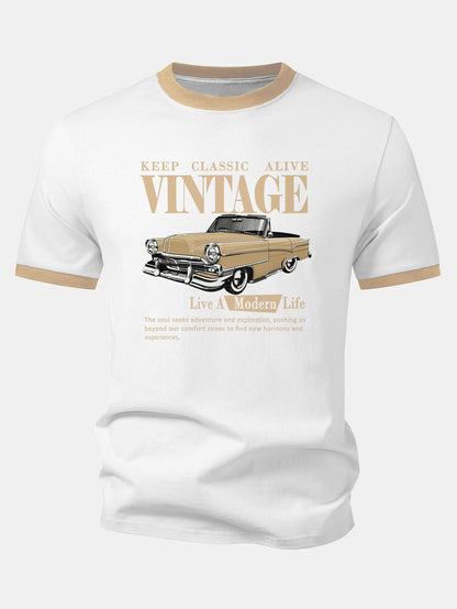 Vintage Car Print Contrast Ringer T-Shirt