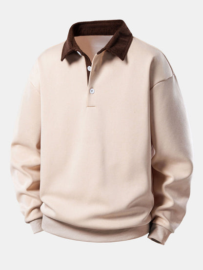Relax Fit Contrast Corduroy Polo Collar Sweatshirt