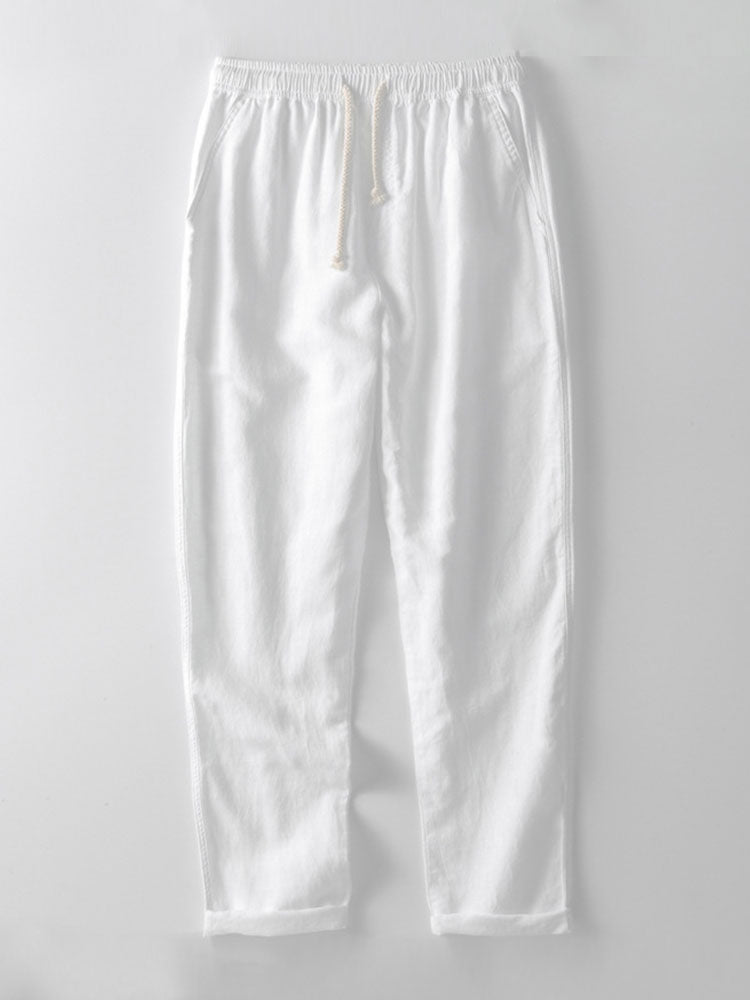 Striped Crochet V Neck Polo & Straight Leg Linen Pants
