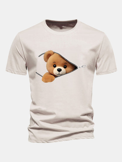 Regular Fit Zipper Bear Print Cotton T-Shirt