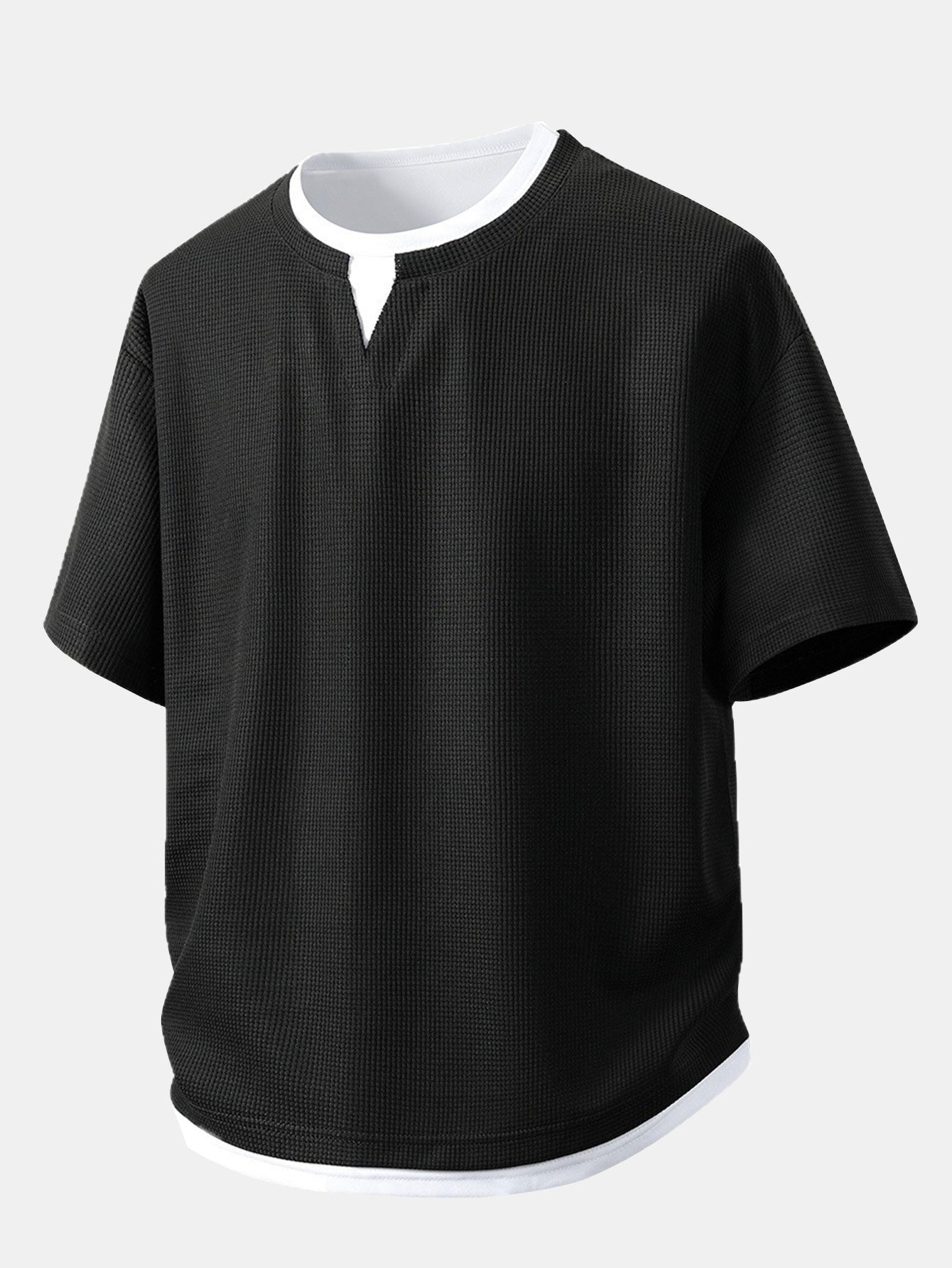 Relax Fit 2 In 1 Notched Collar Waffle T-Shirt