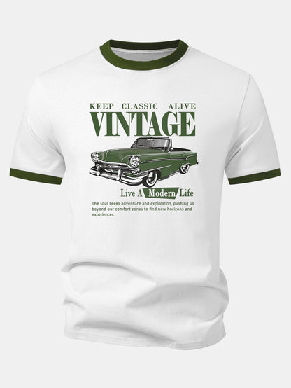 Vintage Car Print Contrast Ringer T-Shirt