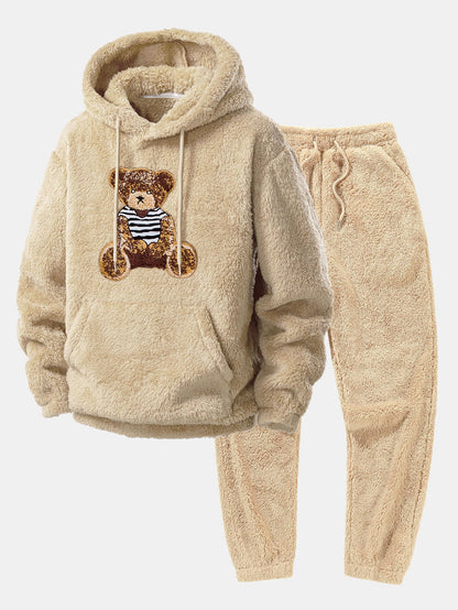 Bear Embroidered Patch Teddy Hoodie & Teddy Jogger Pants