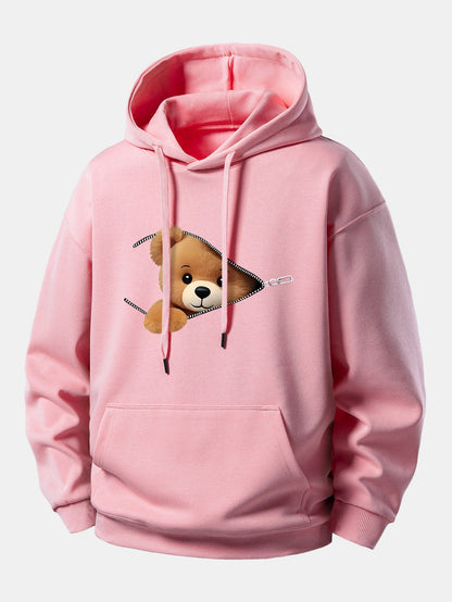 Zipper Bear Print Relax Fit Hoodie