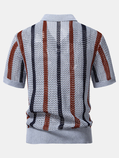 Striped Crochet V Neck Polo & Straight Leg Linen Pants