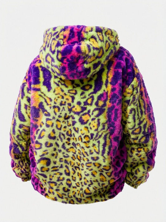 Faux Fur Colorful Leopard Zip Up Hooded Coat