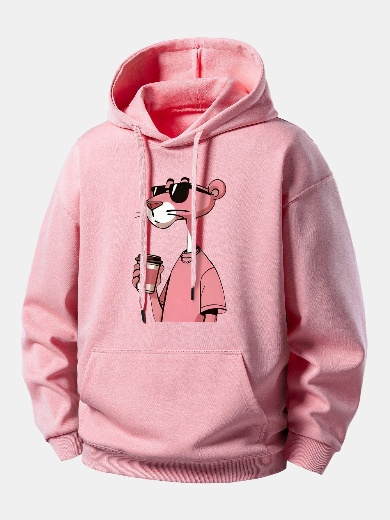 Pink Panther Drinking Coffee Print Relax Fit Hoodie