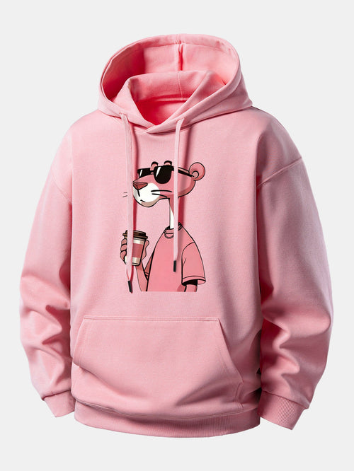 Pink Panther Drinking Coffee Print Relax Fit Hoodie