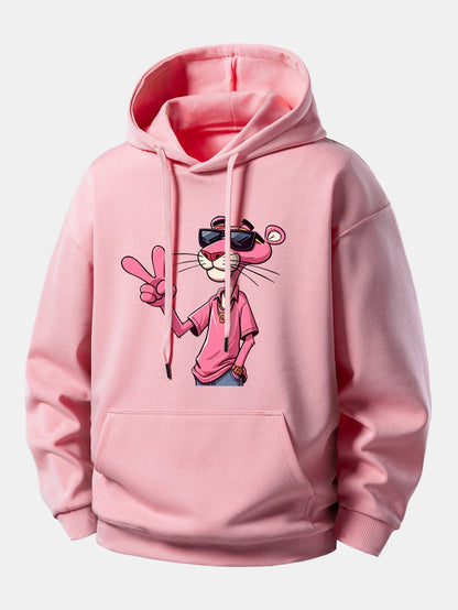 Pink Panther With A V Sign Print Relax Fit Hoodie
