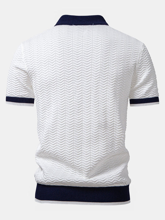 Texture Contrast Knitted V Neck Polo Shirt