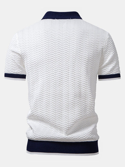 Texture Contrast Knitted V Neck Polo Shirt & Slim Fit Tapered Trousers