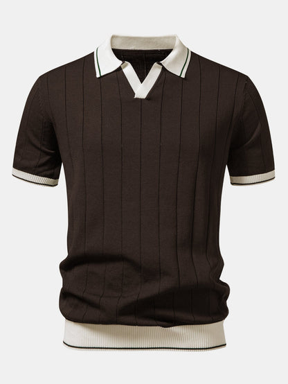 Contrast Trim Ribbed Johnny Collar Knit Polo & Slim Fit Tapered Trousers