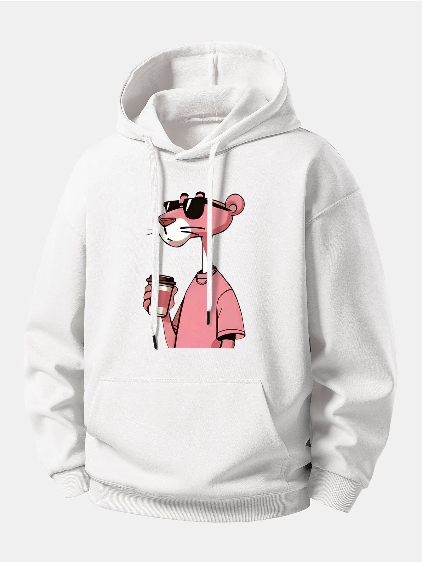 Pink Panther Drinking Coffee Print Relax Fit Hoodie
