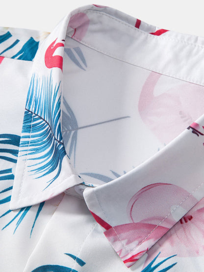 Flamingo Leaf Print Button Up Shirt & Swim Shorts