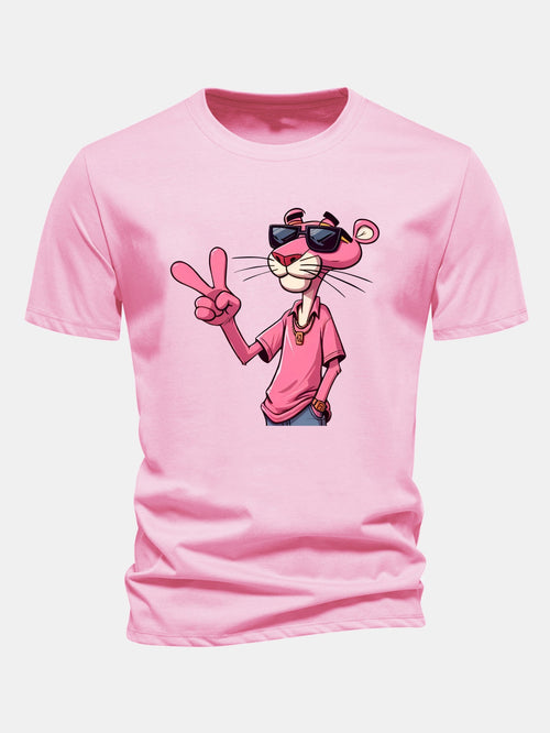 Regular Fit Pink Panther With V Sign Print Cotton T-Shirt