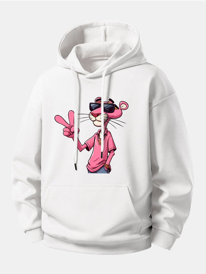 Pink Panther With A V Sign Print Relax Fit Hoodie